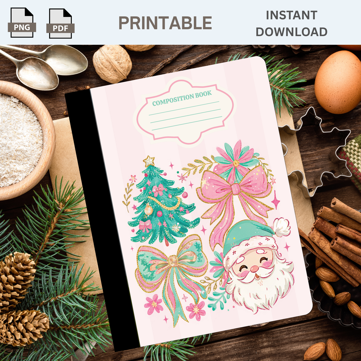 Santa, Christmas Trees and Ribbon Printable Composition Notebook Cover | Digital Download PNG PDF | Custom Notebook | Sticker Paper Cover