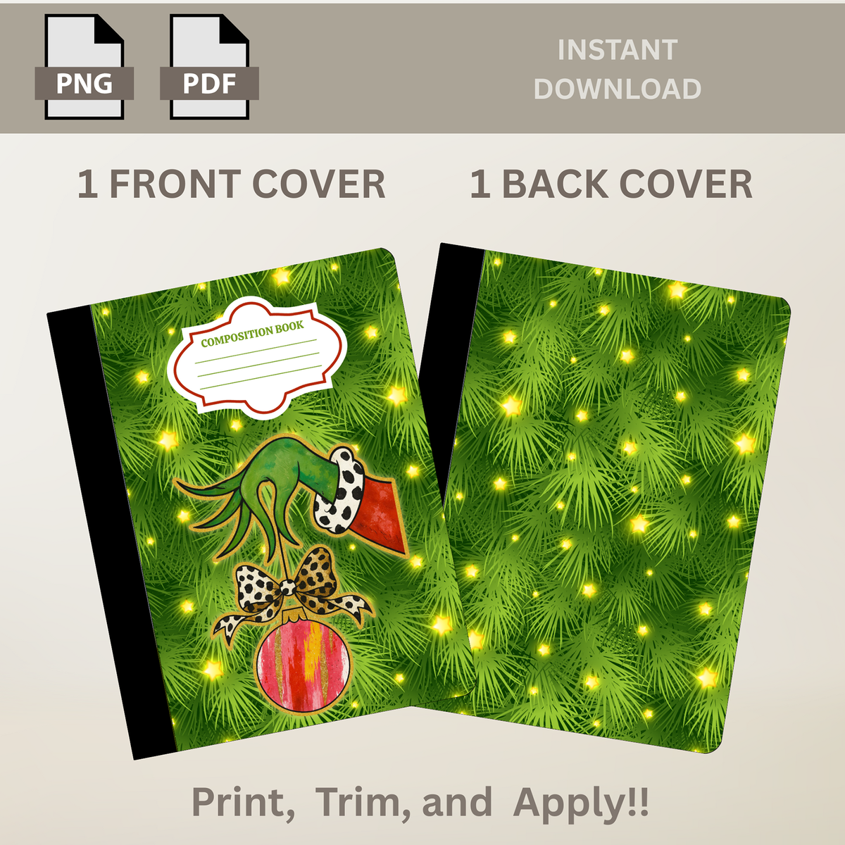 Grinch Hand Christmas Bulb Printable Composition Notebook Cover | Digital Download PNG PDF | Custom Notebook | Sticker Paper Cover