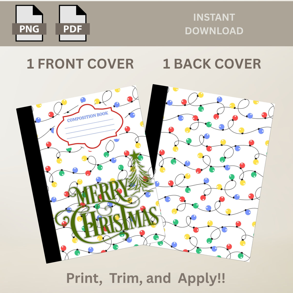 Merry Christmas With Lightbulbs Printable Composition Notebook Cover | Digital Download PNG PDF | Custom Notebook | Sticker Paper Cover