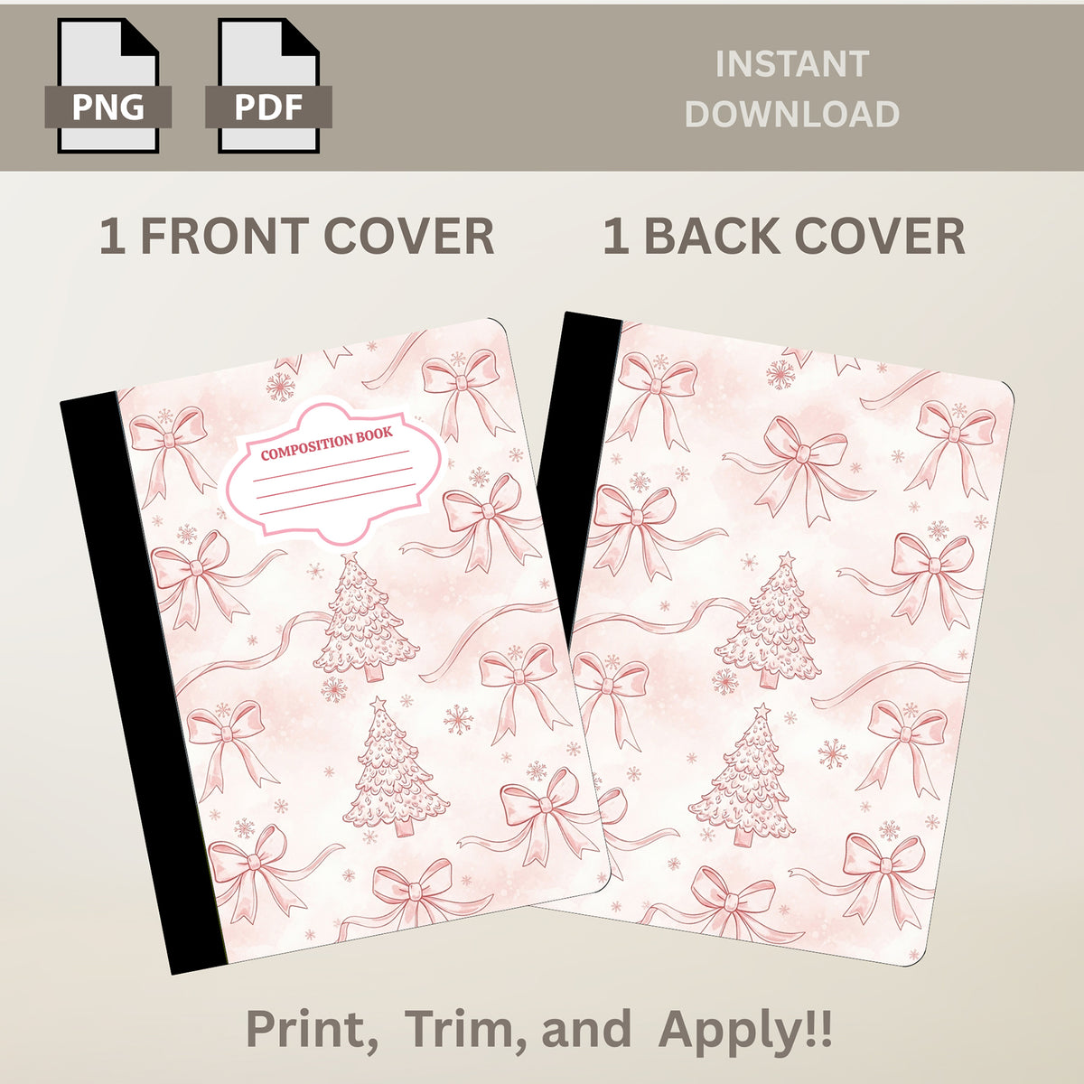 Coquette Christmas Trees and Ribbon Printable Composition Notebook Cover | Digital Download PNG PDF | Custom Notebook | Sticker Paper Cover