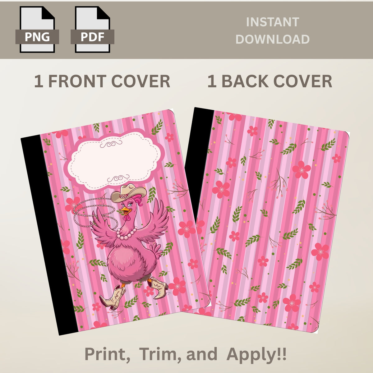 Pink Cowgirl Chicken Composition Notebook Cover PNG PDF- Printable Back To School (Digital Download)