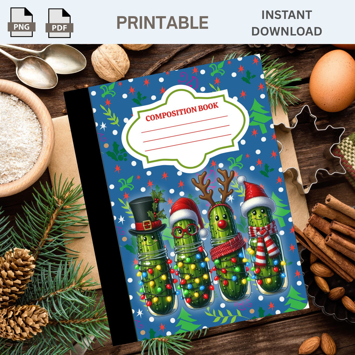 Merry Christmas Dill Pickles Printable Composition Notebook Cover | Digital Download PNG PDF | Custom Notebook | Sticker Paper Cover