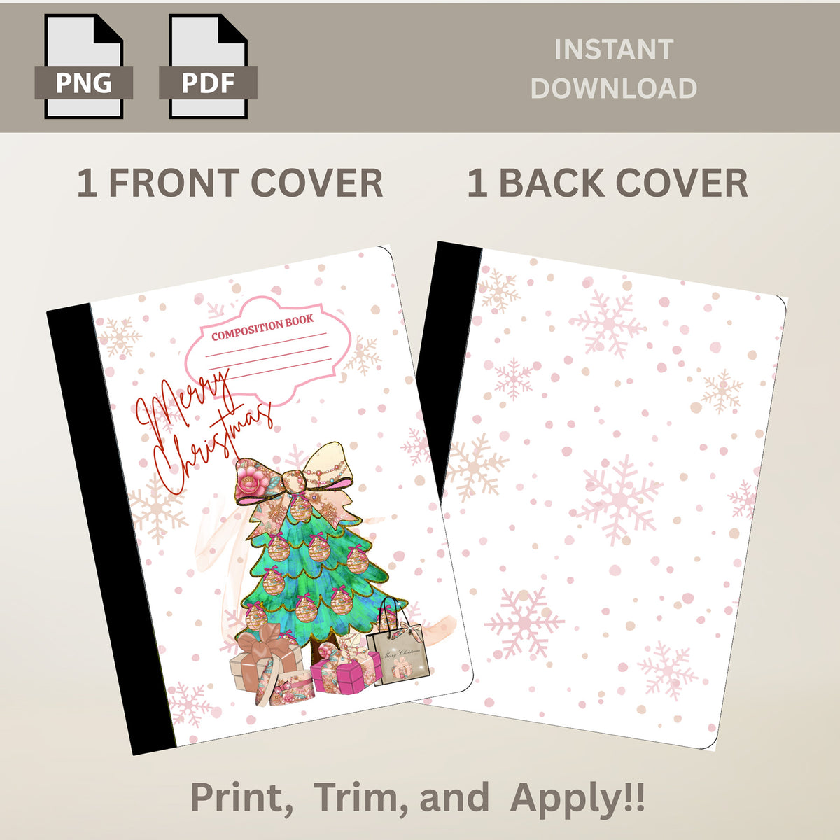 Coquette Merry Christmas Tree Printable Composition Notebook Cover | Digital Download PNG PDF | Custom Notebook | Sticker Paper Cover