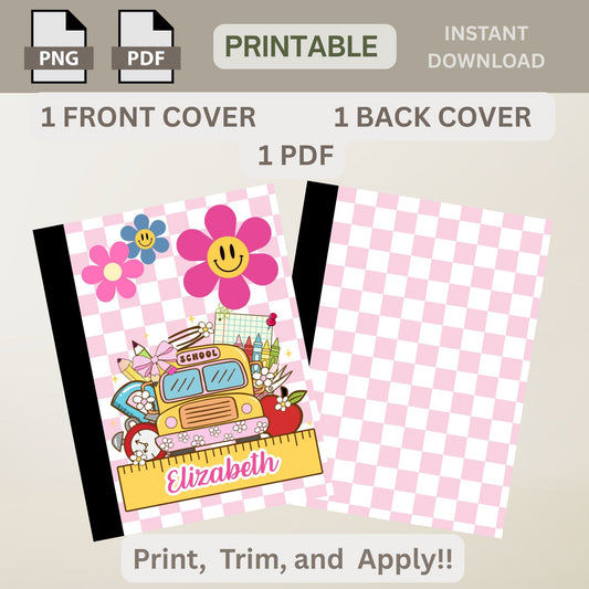 School Composition Notebook Custom Floral School Bus Composition Notebook Custom Pink Checkered School Bus Floral PNG Digital File