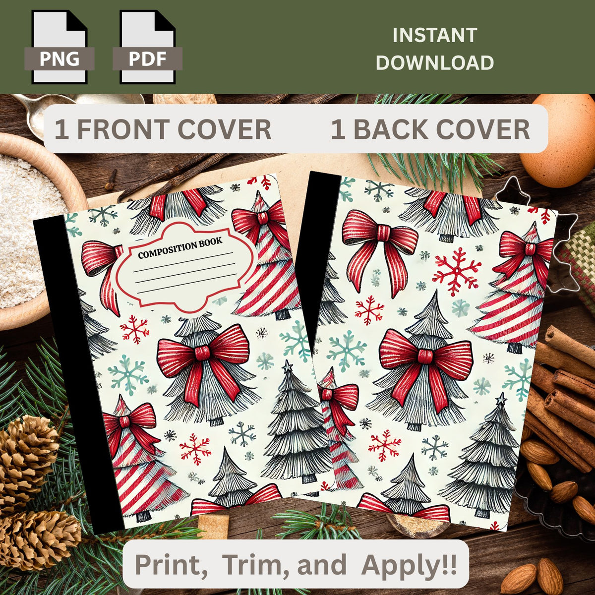 Christmas Tree With Ribbons Printable Composition Notebook Cover | Digital Download PNG PDF | Custom Notebook | Sticker Paper Cover